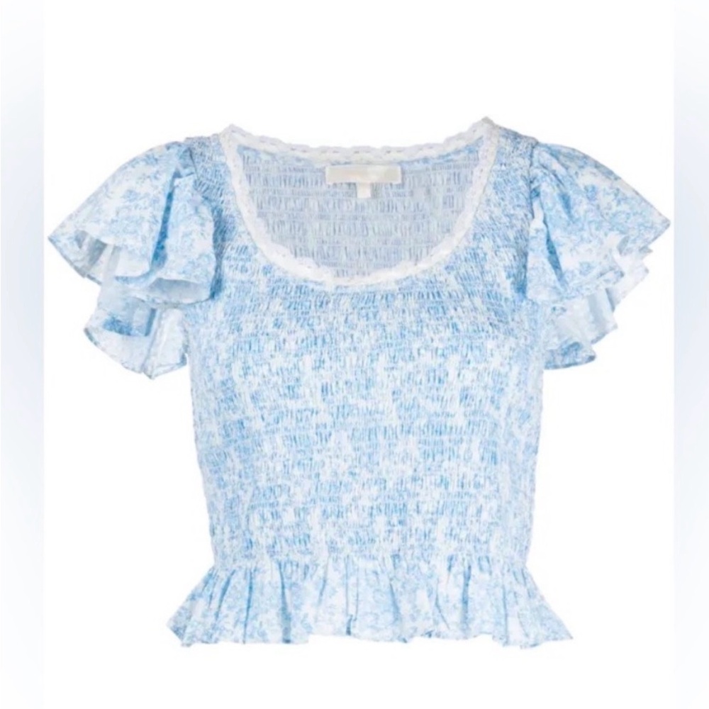 LoveShackFancy Milta Blue Ruffle Sleeve Top in spa blue